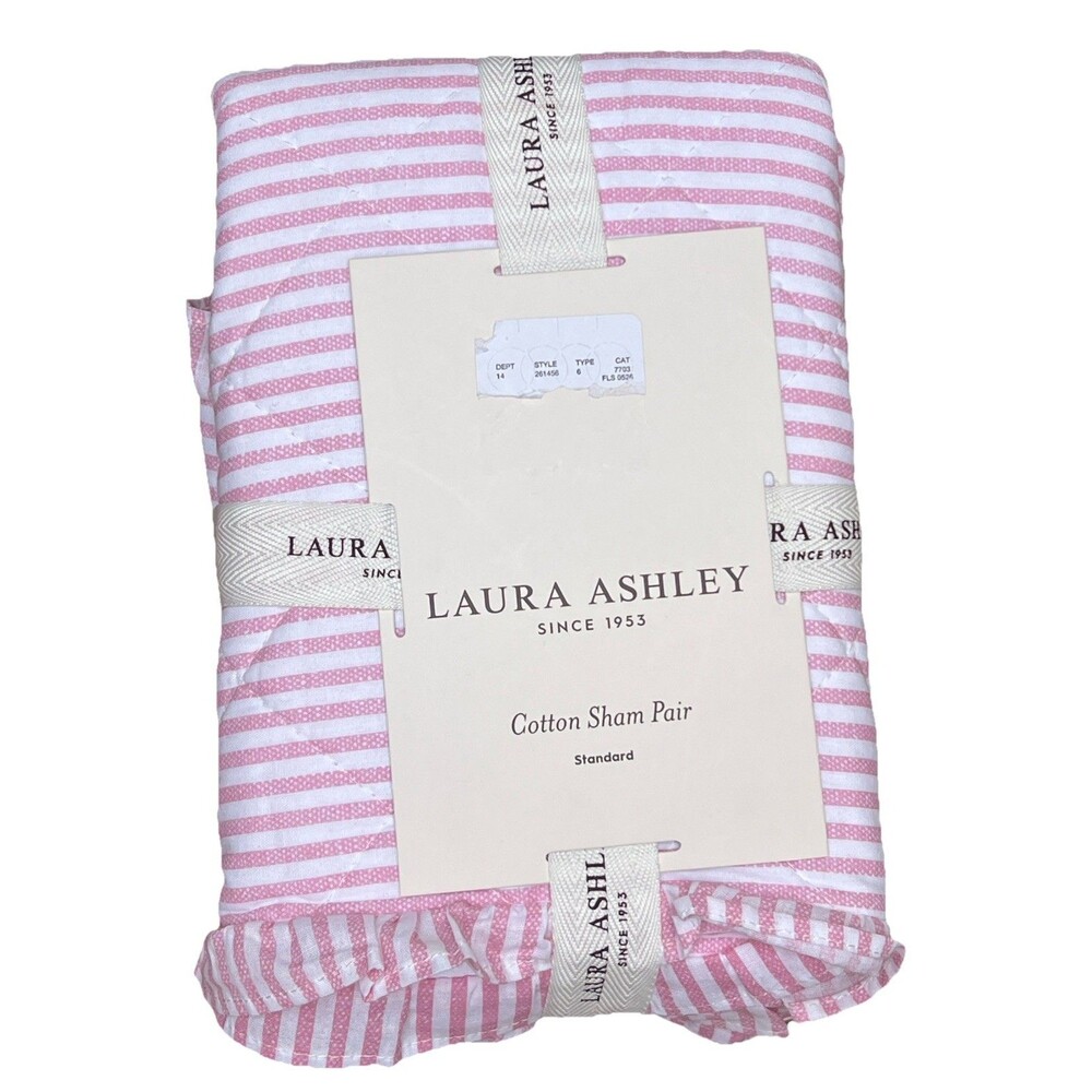 Laura Ashley Oxford Stripe Pink Cotton Sham Pair Standard Pillow Ruffle Trim New